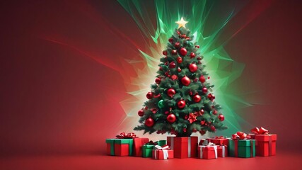 Christmas background decoration with Christmas tree, gifts, snow, balls and lights