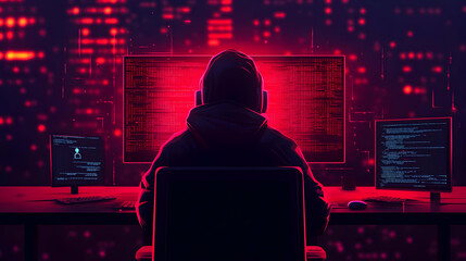 A Digital Hacker Wearing a Hoodie is Working in Front of a Computer with Red Glowing Lights and Code on the Screen in a Dark Room