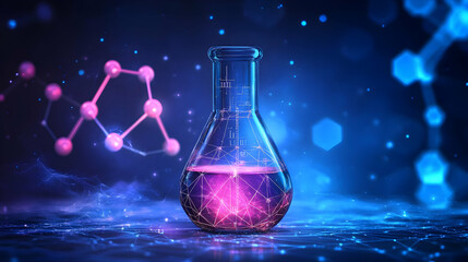 A Glass Beaker Filled with a Glowing Pink Liquid, Surrounded by Abstract Blue and Pink Geometric Shapes on a Dark Blue Background