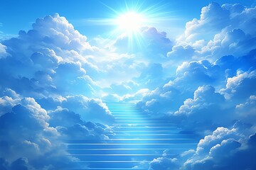 Wall Mural - stairway to heaven with radiant sun rays, blue sky, and white clouds