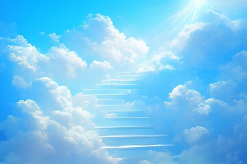 Wall Mural - stairway to heaven with radiant sun rays, blue sky, and white clouds