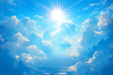 Wall Mural - stairway to heaven with radiant sun rays, blue sky, and white clouds