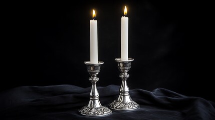 Two lit white candles in silver candle holders on a black background.