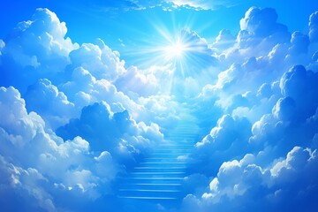 Wall Mural - stairway to heaven with radiant sun rays, blue sky, and white clouds