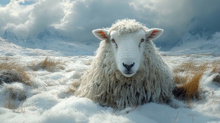 Sticker - White Sheep in Snowy Mountains - Winter Landscape Photography