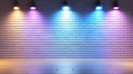 Texture pattern of bricks on a blue and purple background surrounded by laser beams and neon spotlights reflected on the ground