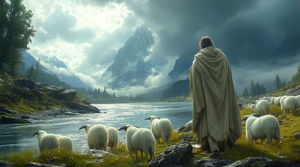 Shepherd and Flock in Mountainous Landscape