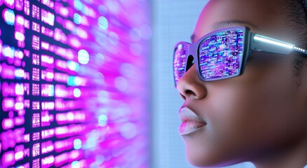Poster - cyber security threat illustration, black african american female it specialist analysing data techn