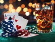 © nitnicha - A vibrant lifestyle scene featuring poker chips, playing cards, and a glass of whiskey with ice, set against a bokeh background.