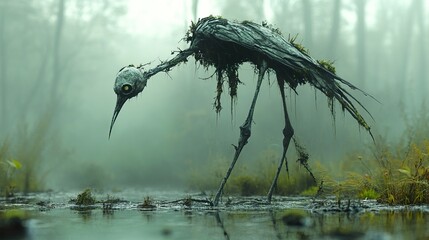 Wall Mural - A Haunting Bird in a Foggy Swamp