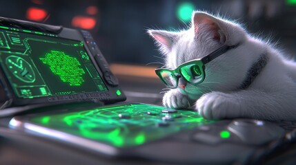 Cat with glasses sitting in front of a code-filled screen