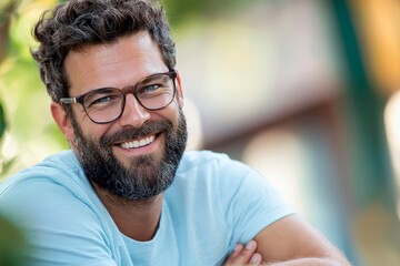 Smiling man with beard and glasses arms crossed wearing light blue shirt conveying confidence and warmth ideal for business lifestyle or personal branding visuals.