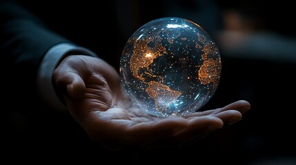 Wall Mural - A hand holds a glowing glass orb representing the Earth.