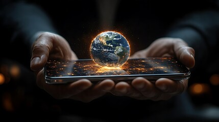 Close-up of hands holding a smartphone with a glowing earth globe hovering above.