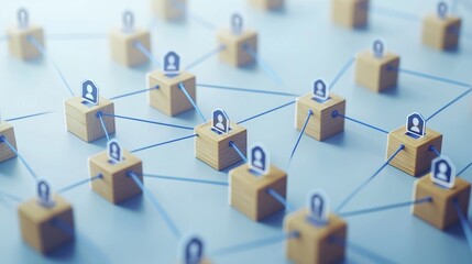 Conceptual representation of an interface technology with USB symbol on a wooden block and user network connections represented by blue strings. A white background provides a background for the