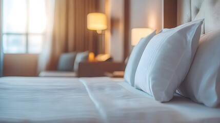 Poster - A closeup photo of a neatly made bed with crisp white linens and a single pillow in a minimalist bedroom, creating a serene and simple atmosphere.
