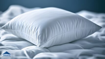Poster - A closeup photo of a neatly made bed with crisp white linens and a single pillow in a minimalist bedroom, creating a serene and simple atmosphere.