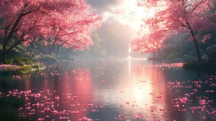 Wall Mural - Peaceful Cherry Blossom Lake - Nature Photography