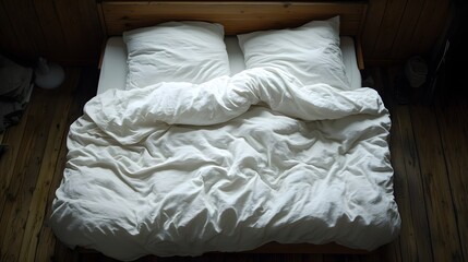 Aufkleber - A birds-eye view of a clean and simple bedroom setup, with a white duvet cover and a single pillow on a wooden bed frame.