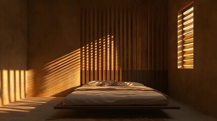 Poster - A portrait shot of a minimalist bedroom with a simple bed and neutral tones, featuring soft, natural light streaming through the window.