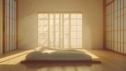 Poster - A portrait shot of a minimalist bedroom with a simple bed and neutral tones, featuring soft, natural light streaming through the window.