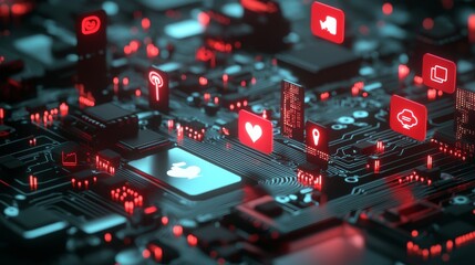 Poster - a white neon image symbol sits on a microchip. data flows from the cpu to the users across a futuris