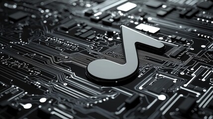 Poster - 3d rendering of a music symbol on a microchip in a futuristic motherboard. white neon data flows bet
