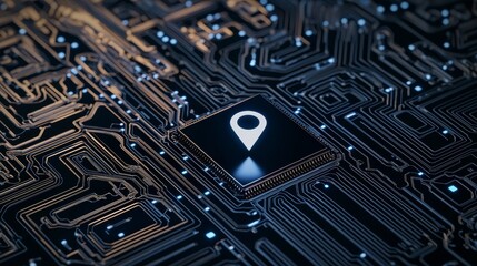 Poster - the image depicts a map pin symbol on a microchip. a futuristic motherboard passes data between user