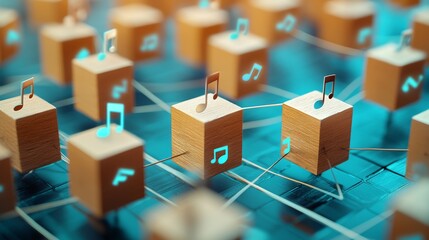 Poster - an audio technology concept illustrating a music symbol on a wooden block. the user network connecti