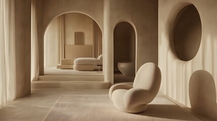 Poster - A portrait photo of a minimalist bedroom corner with a soft, neutral-colored rug and a single chair, creating a simple and serene space.
