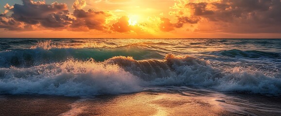 Wall Mural - Dramatic ocean wave crashing on the beach at sunset with bright orange sky.