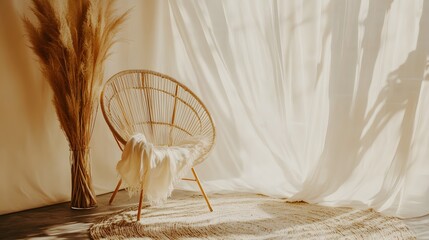 Poster - A portrait photo of a minimalist bedroom corner with a soft, neutral-colored rug and a single chair, creating a simple and serene space.