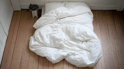 Aufkleber - A birds-eye view of a minimal bedroom with a white duvet, wooden floor, and a small bedside table, showing a clean and uncluttered design.