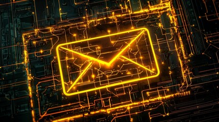 Poster - envelope symbol on a microchip. data flows from cpu across futuristic motherboard.