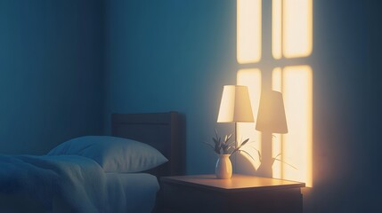 Poster - A portrait photo of a minimal nightstand with a white lamp and a small vase, creating a clean and uncluttered bedroom space.