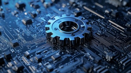 Poster - an example of a future technology concept with a cog icon on a microchip. flowing data from the cpu 