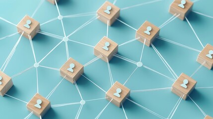 Wall Mural - Conceptual image of an alert technology concept with a bell symbol on a wooden block. User network connections are portrayed with white string. Blue background.