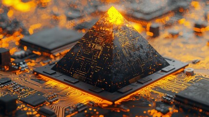 Poster - play symbol on a microchip. data flows from cpu to futuristic motherboard. 3d render.