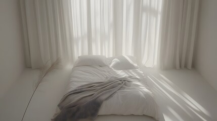 Poster - A birds-eye view of a minimalist bedroom featuring a neatly made bed with a gray blanket and soft natural lighting, creating a simple and serene space.