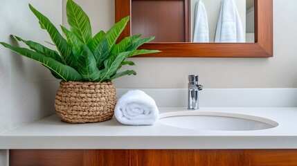 Poster - A birds-eye view of a minimalist bathroom featuring a clean white countertop and a neatly folded towel, creating a serene and uncluttered space.