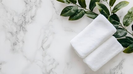 Poster - A birds-eye view of a minimalist bathroom featuring a clean white countertop and a neatly folded towel, creating a serene and uncluttered space.