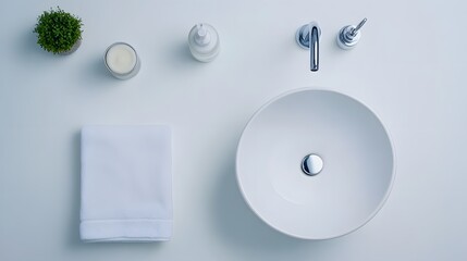 Poster - A birds-eye view of a minimalist bathroom featuring a clean white countertop and a neatly folded towel, creating a serene and uncluttered space.