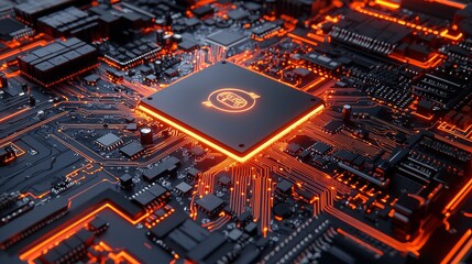 Poster - 3d rendering of a futuristic motherboard with battery symbol and orange neon data flowing from users