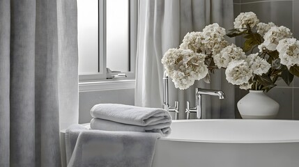 Poster - A portrait photo of a minimalist bathroom with neutral colors and simple decor, featuring a single towel rack and soft natural light.