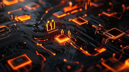 Poster - technology concept with a microchip recording symbol. orange neon data flows between the cpu and use