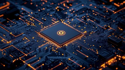 Poster - data flows from the cpu across a futuristic motherboard in this vision technology concept.
