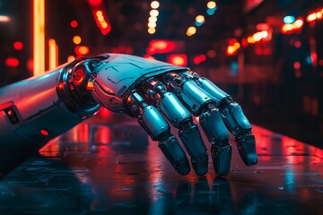 Poster - images of futuristic robotic hands illuminated by blue light.