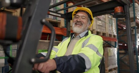 Sticker - Shipping, warehouse and face of man in forklift for delivery, supply chain and distribution. Factory, machine and portrait of mature person in vehicle for logistics, manufacturing and production