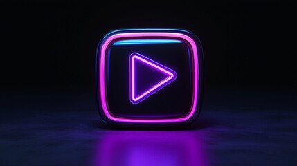 Poster - the play symbol is depicted as neon light on a pink and blue background with a high tech floor. 3d r