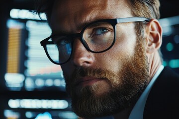 Aufkleber - stock photo of a thoughtful man analyzing data on a computer screen.